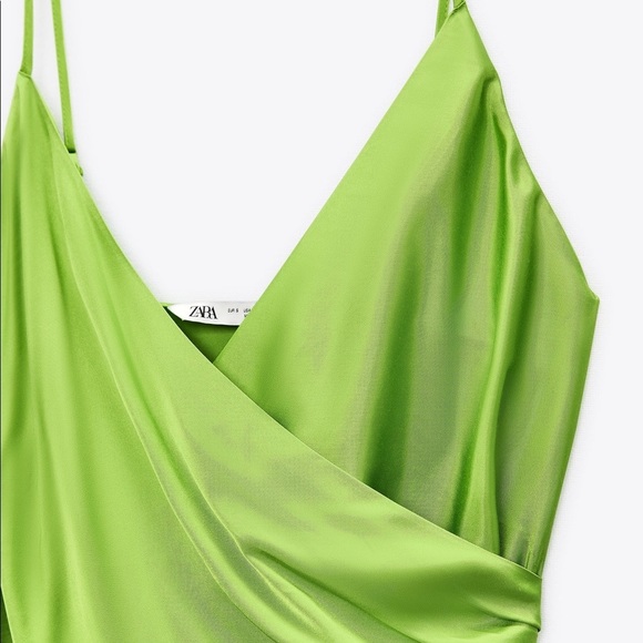 NWT. Zara Green Draped Lingerie-Style Flowy Mini Dress. Size S. - Picture 10 of 14
